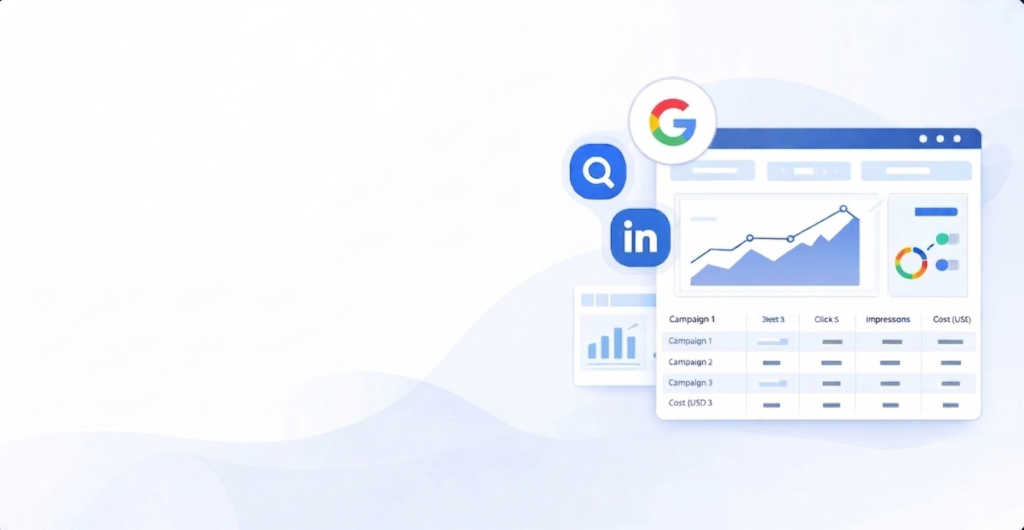 Marketer managing Google Ads and social media campaigns on analytics dashboard